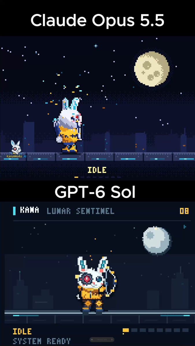 Thumbnail from KANA｜東京AI映像's (@KanaWorks_AI) X post: Claude Opus 5.5 vs GPT-6 Sol, an animated pixel-art rabbit archer character made with code only.