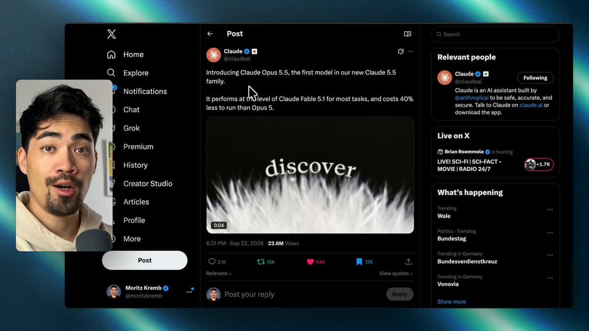 Thumbnail from Moritz Kremb's (@moritzkremb) X post: A tutorial covering 5 business use cases for Opus 5.5 motion graphics: product launch videos, explai