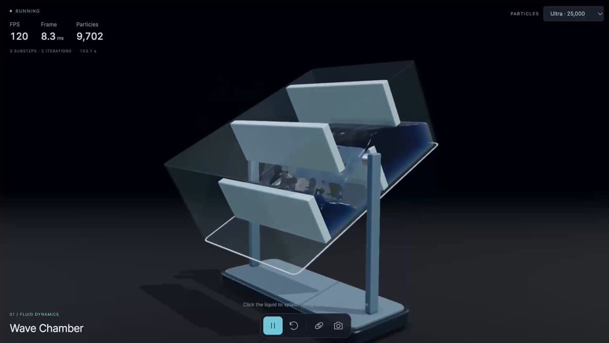 Thumbnail from Dan Greenheck's (@dangreenheck) X post: Three.js Particle Fluids, a WebGPU-based library simulating fluids, rigid/soft bodies, cloth and gas
