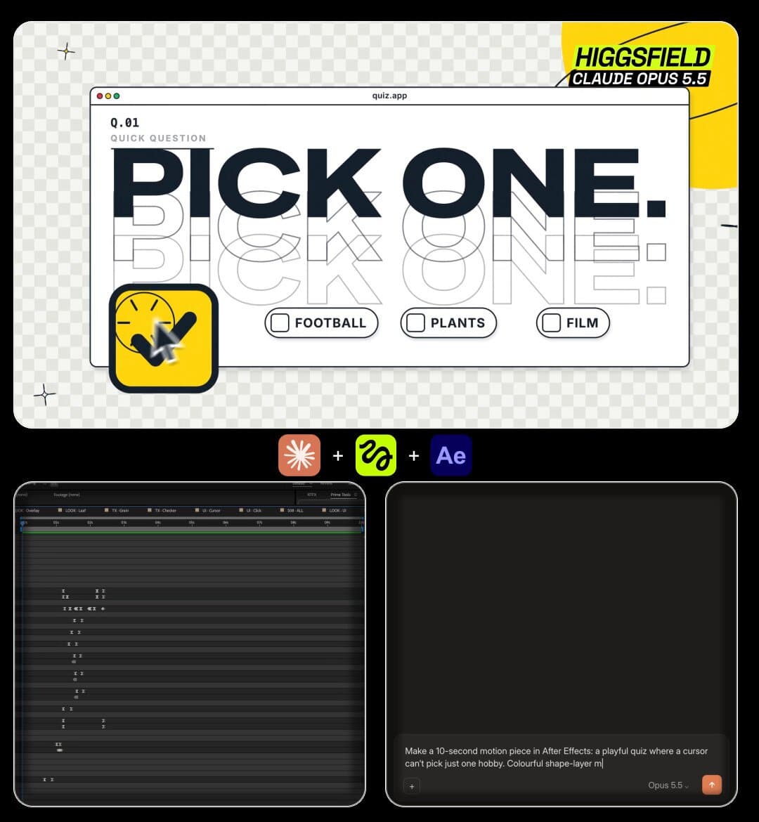 Thumbnail from Higgsfield AI's (@higgsfield_ai) X post: Bold type, animated illustrations and sharp transitions, built with Opus 5.5 for concept and scene p
