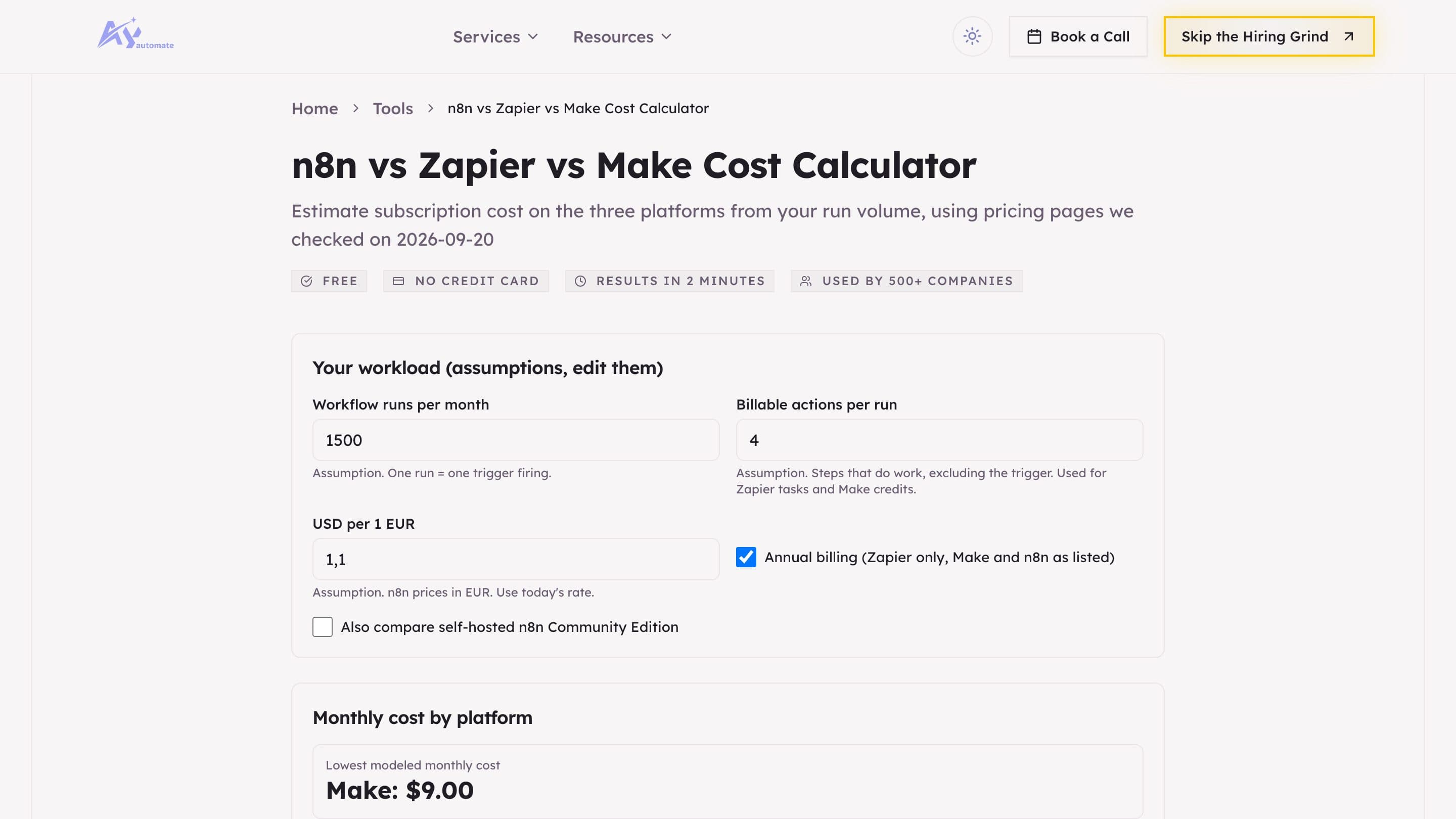 n8n vs Zapier vs Make Cost Calculator preview