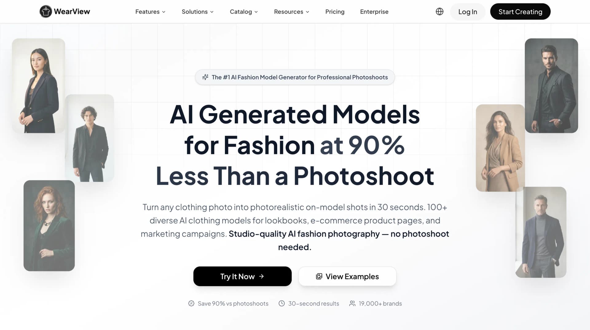 WearView homepage showing AI-generated fashion models for ecommerce brands