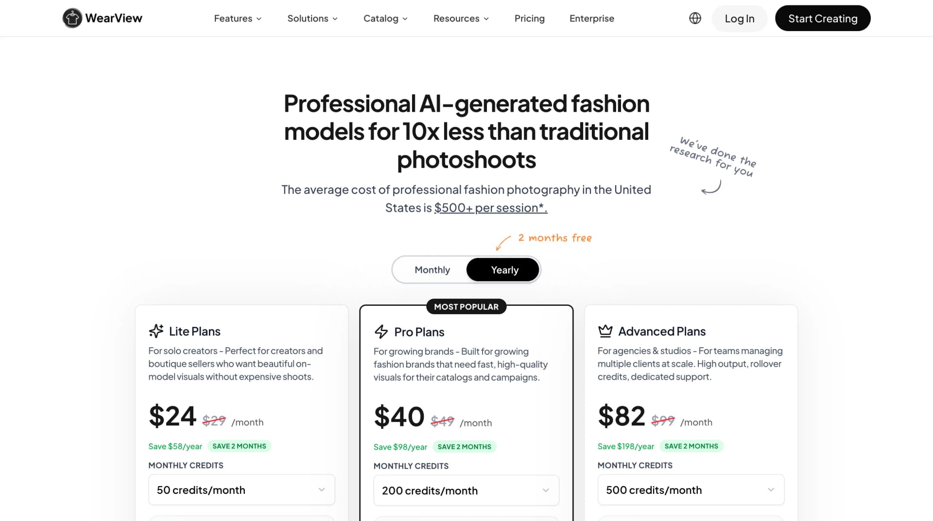 WearView pricing page listing Lite, Pro, Advanced, and Enterprise plans