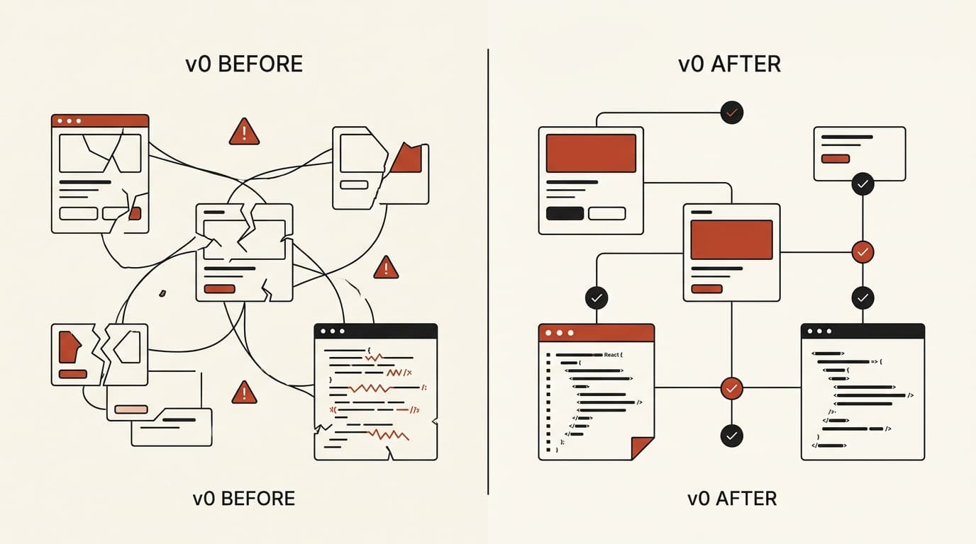 disconnected v0 mockups versus a structured production Next.js app