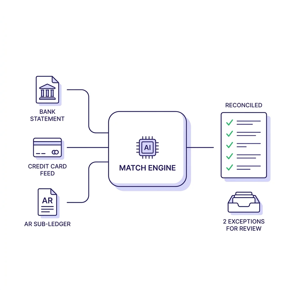 Automated reconciliation workflow matching bank, credit card, and AR sub-ledger feeds before month-end close