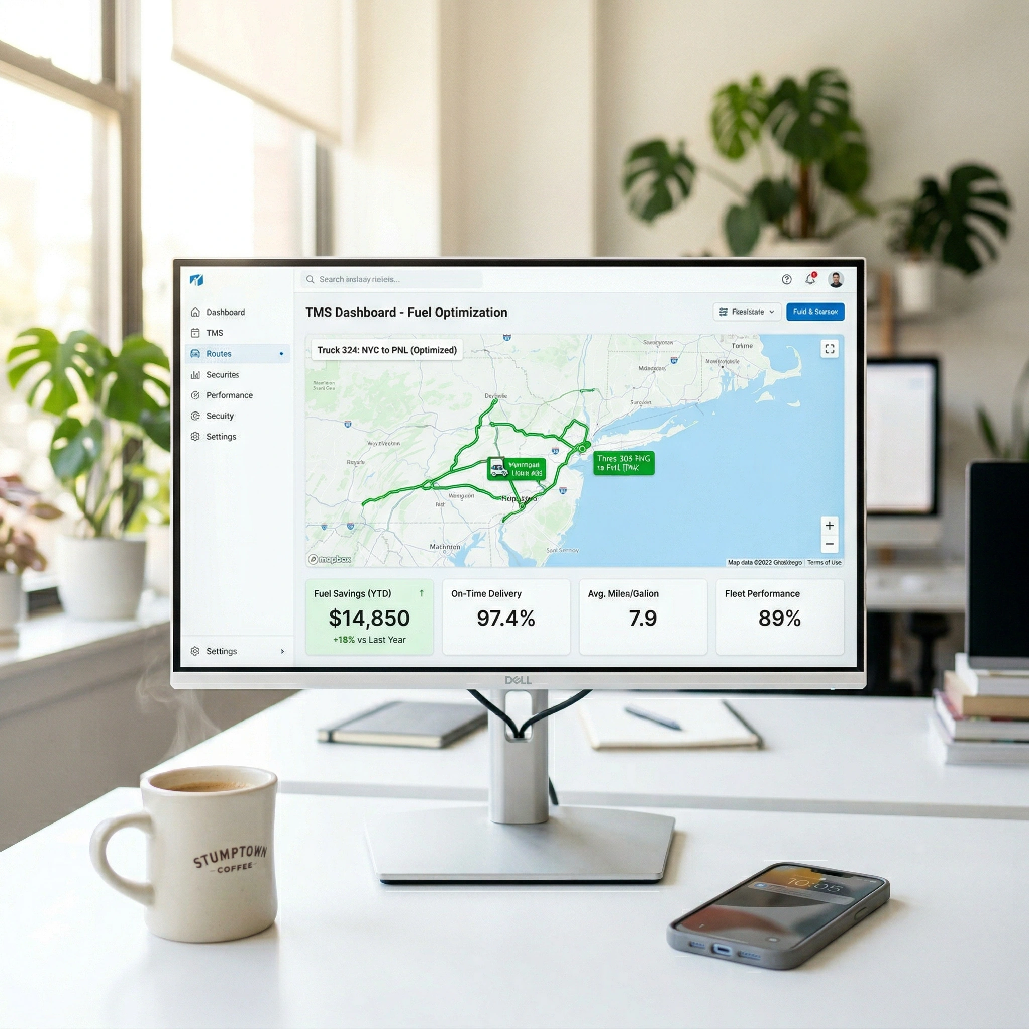 transportation management system dashboard showing optimized freight routes