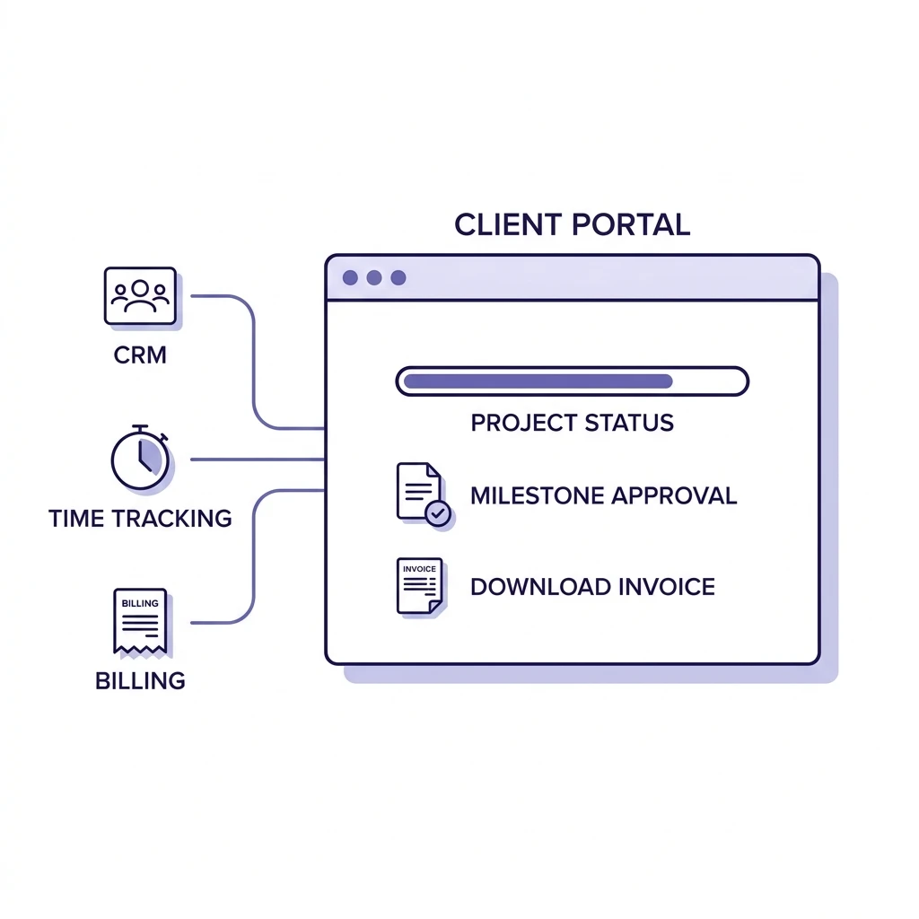 Client portal showing project status, milestone approval, and invoice download connected to CRM, time tracking, and billing